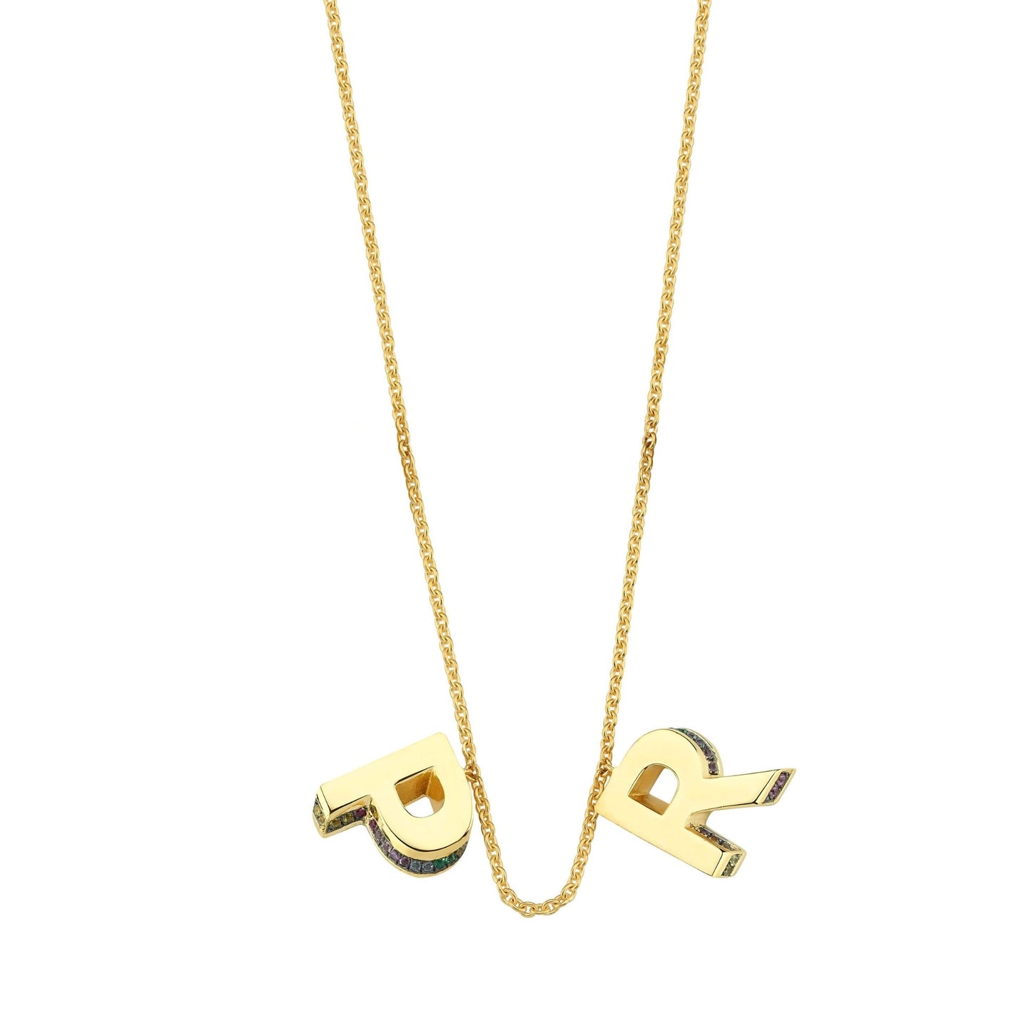 2 Letter 3D Mini Letter Necklace With Rainbow Sapphires