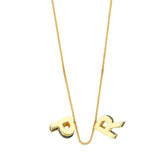 2 Letter 3D Mini Letter Necklace With Rainbow Sapphires