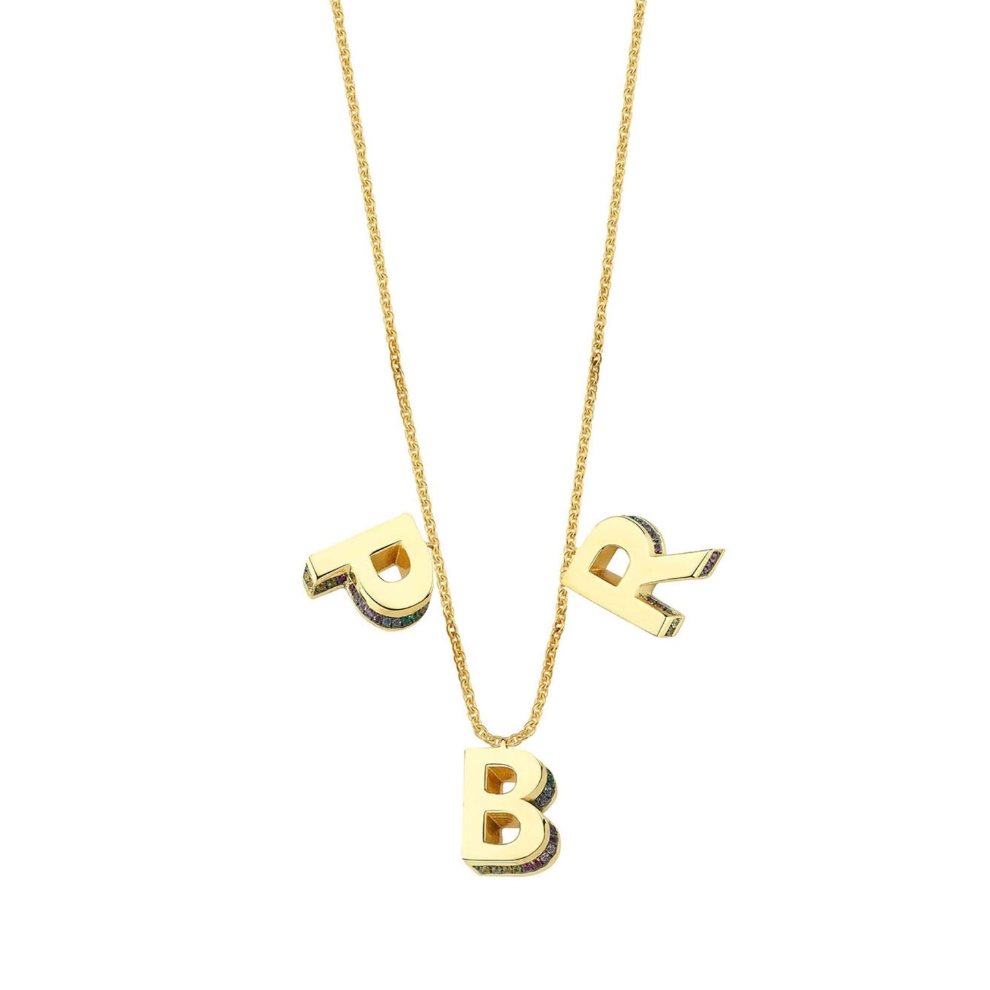 3 Letter 3D Mini Letter Necklace With Rainbow Sapphires