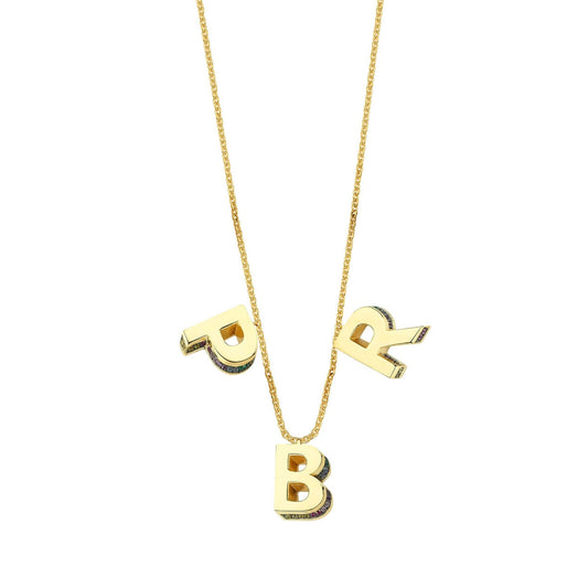 3 Letter 3D Mini Letter Necklace With Rainbow Sapphires