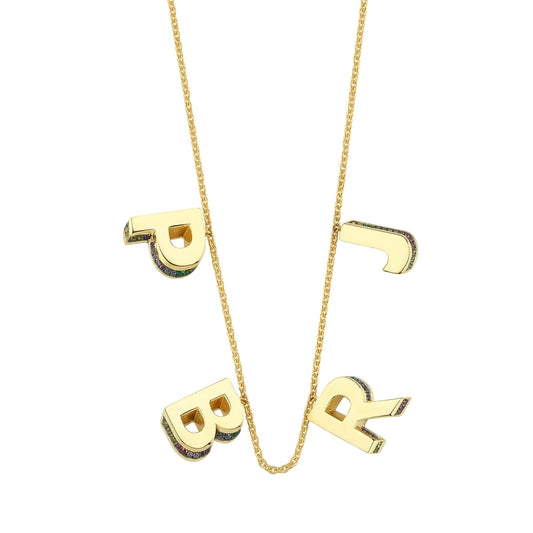 4 Letter 3D Mini Letter Necklace With Rainbow Sapphires