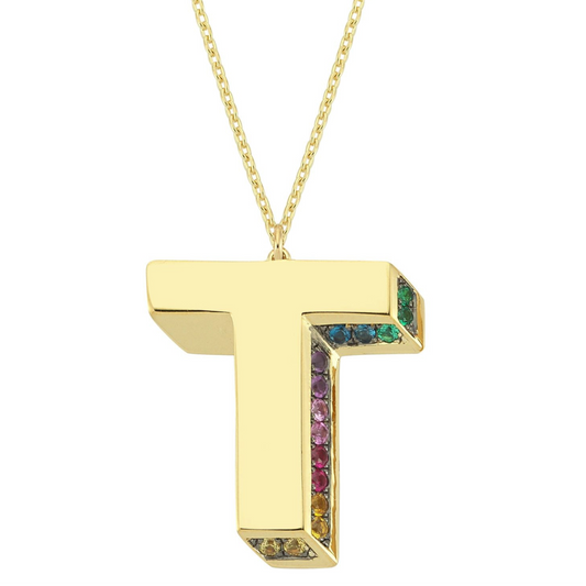 3D T Letter Necklace with Rainbow Sapphires