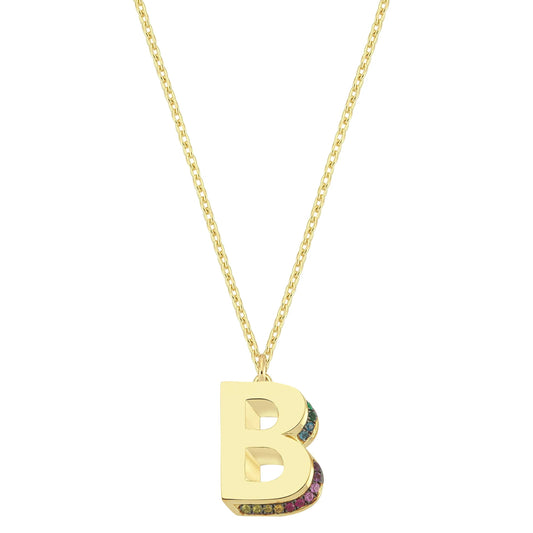 Mini 3D B Letter Necklace With Rainbow Sapphires