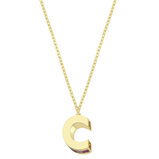 Mini 3D C Letter Necklace With Rainbow Sapphires