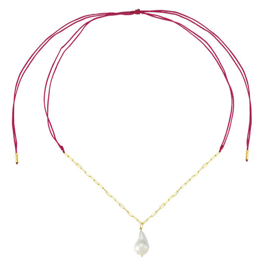 Colored String Necklace with Chain and Medium Size Baroque Pearl