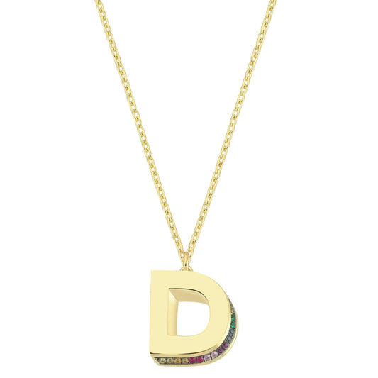 Mini 3D D Letter Necklace With Rainbow Sapphires