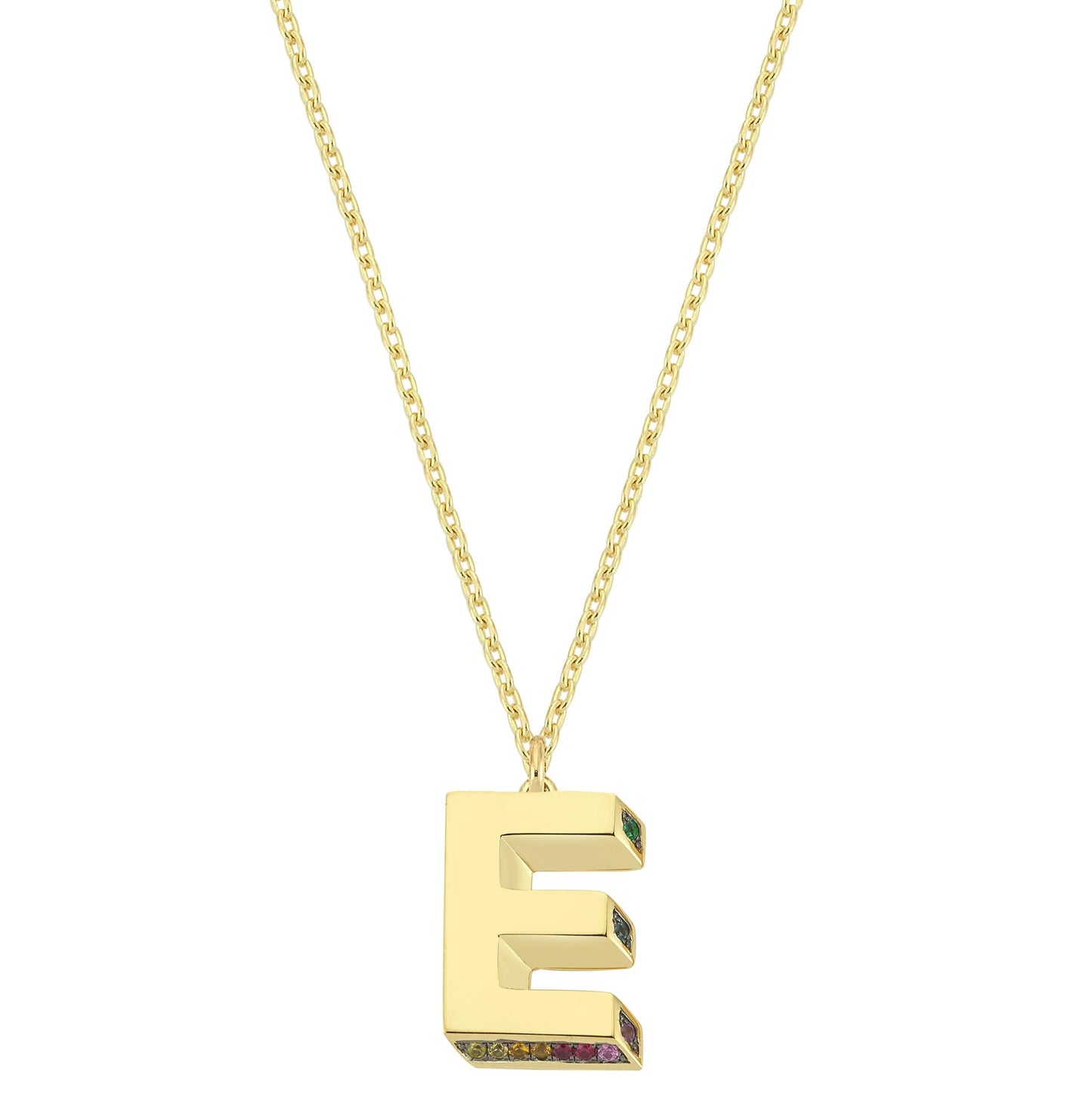 Mini 3D E Letter Necklace With Rainbow Sapphires