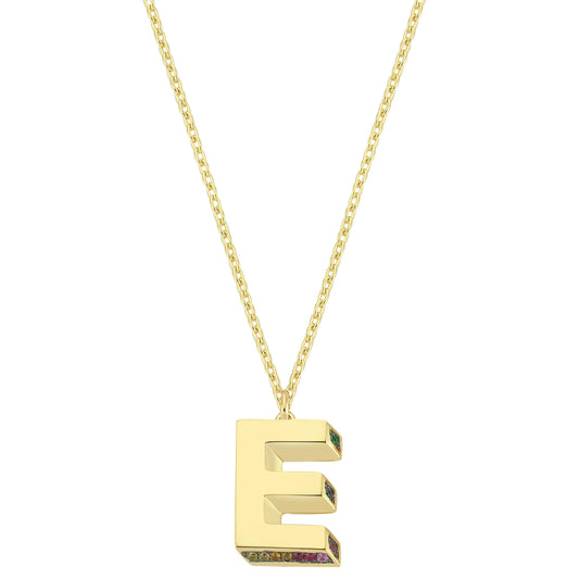 Mini 3D E Letter Necklace With Rainbow Sapphires