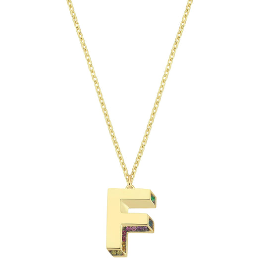 Mini 3D F Letter Necklace With Rainbow Sapphires