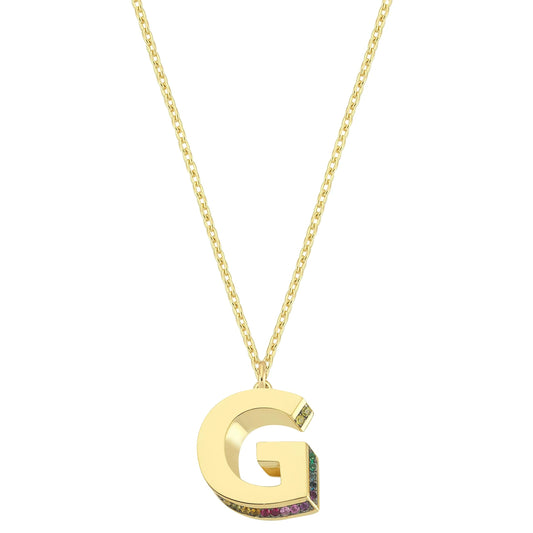 Mini 3D G Letter Necklace With Rainbow Sapphires