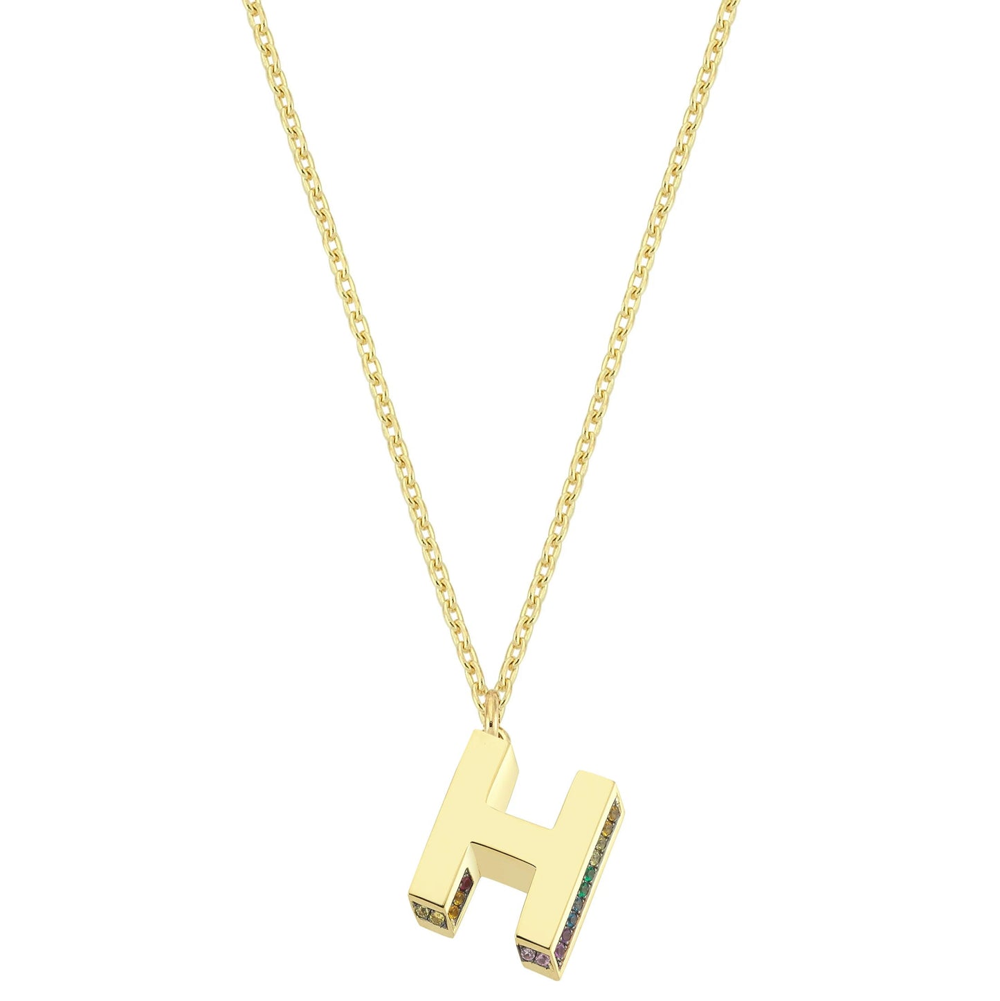 Mini 3D H Letter Necklace With Rainbow Sapphires