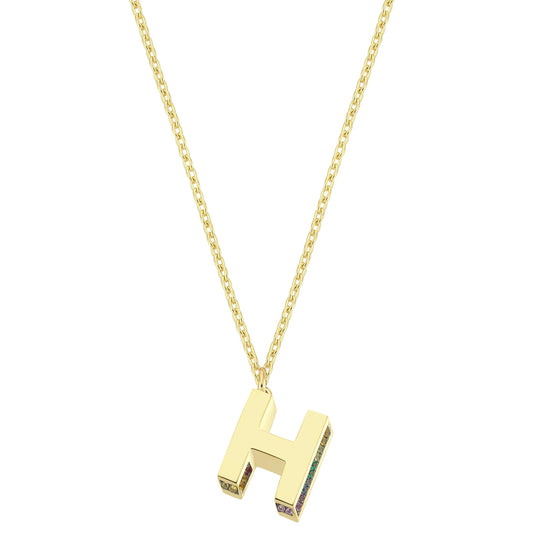 Mini 3D H Letter Necklace With Rainbow Sapphires