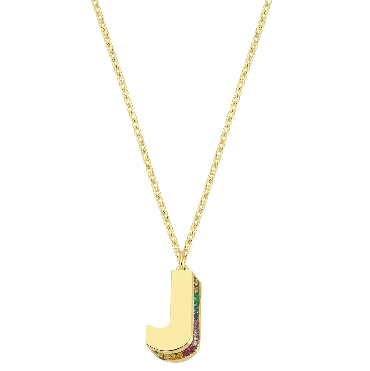 Mini 3D J Letter Necklace With Rainbow Sapphires