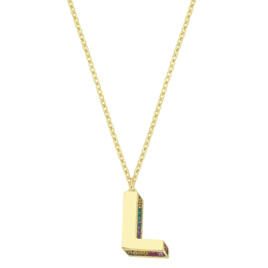 Mini 3D L Letter Necklace With Rainbow Sapphires