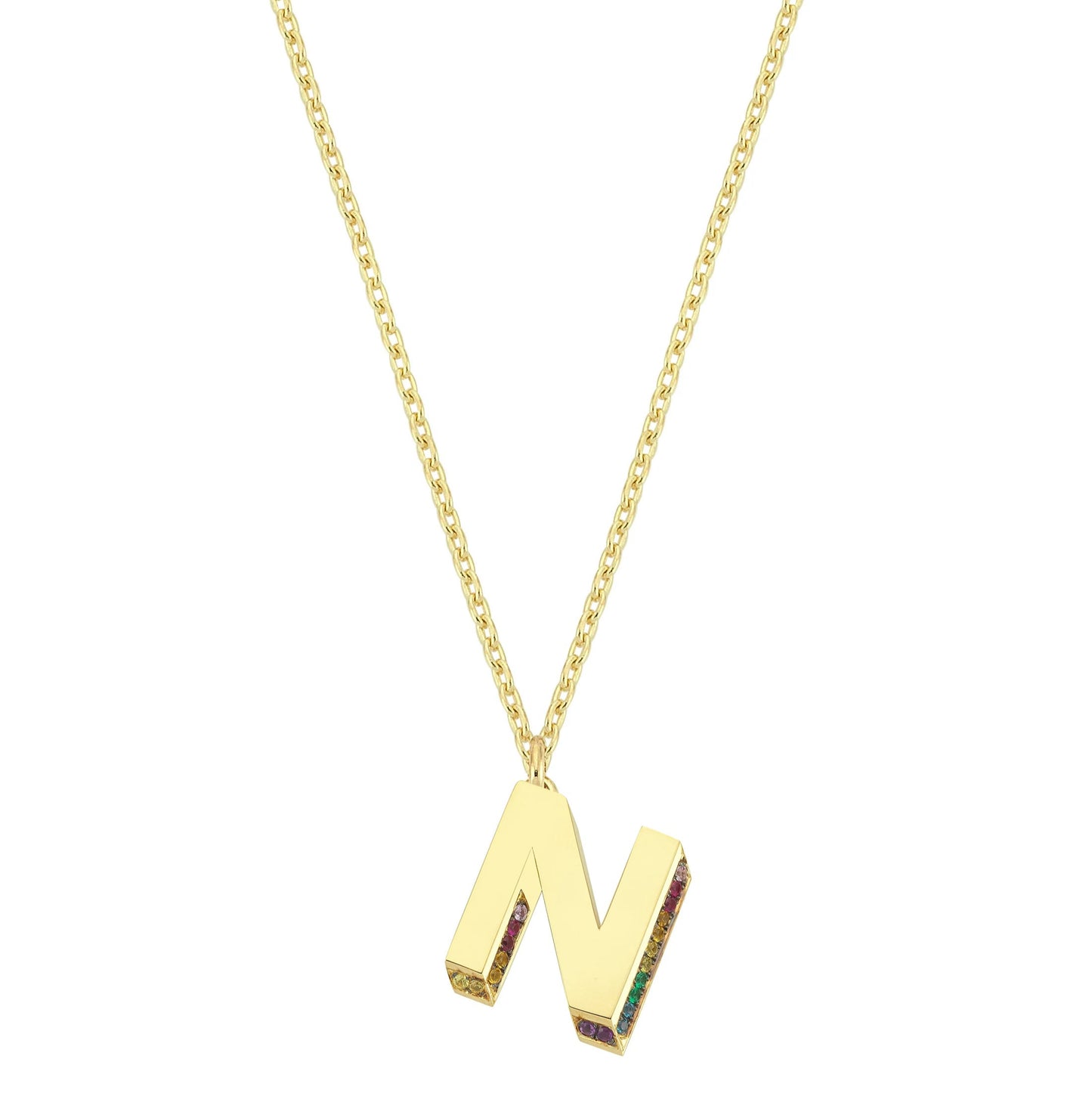 Mini 3D N Letter Necklace With Rainbow Sapphires
