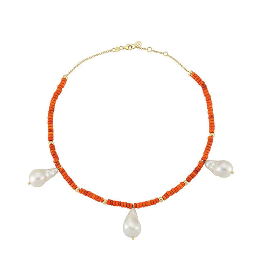 Orange Beaded Necklace with Baroque Pearls