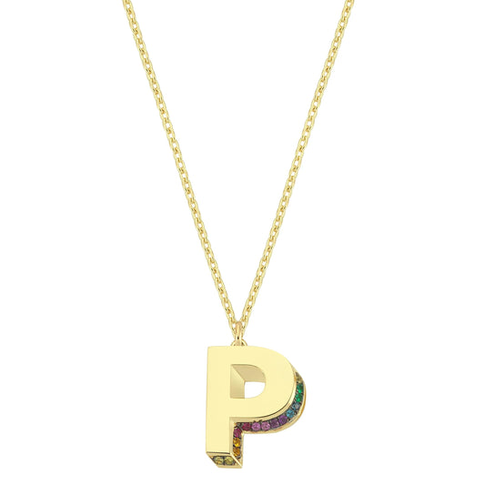 Mini 3D P Letter Necklace With Rainbow Sapphires