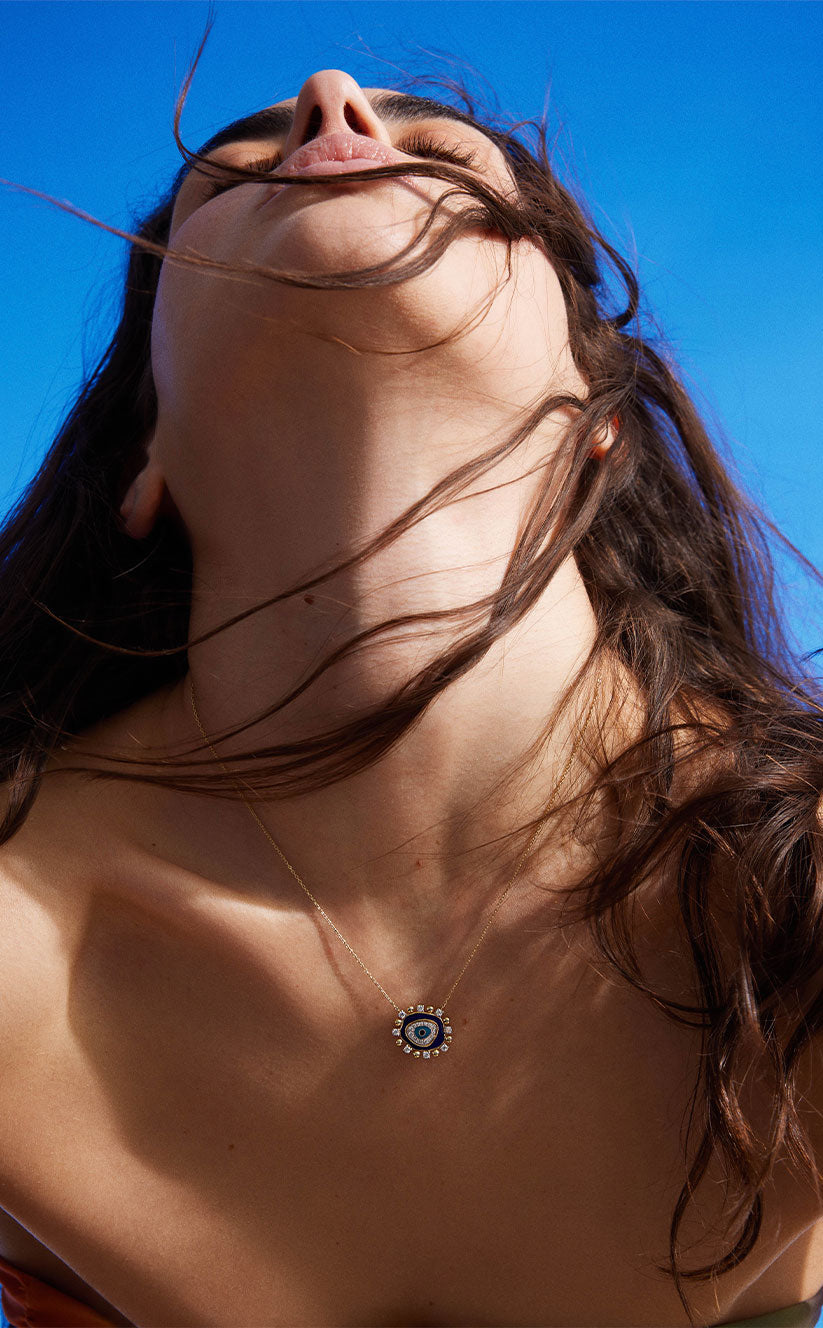 Evil Eye Necklace in Gold, Diamonds & Navy Enamel