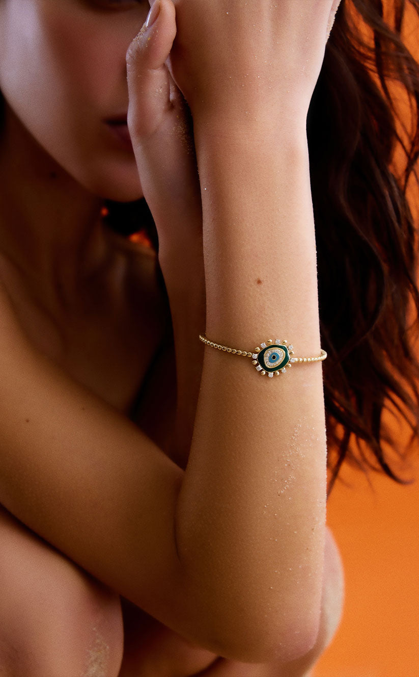 Evil Eye Bracelet in Gold, Diamonds & Green Enamel