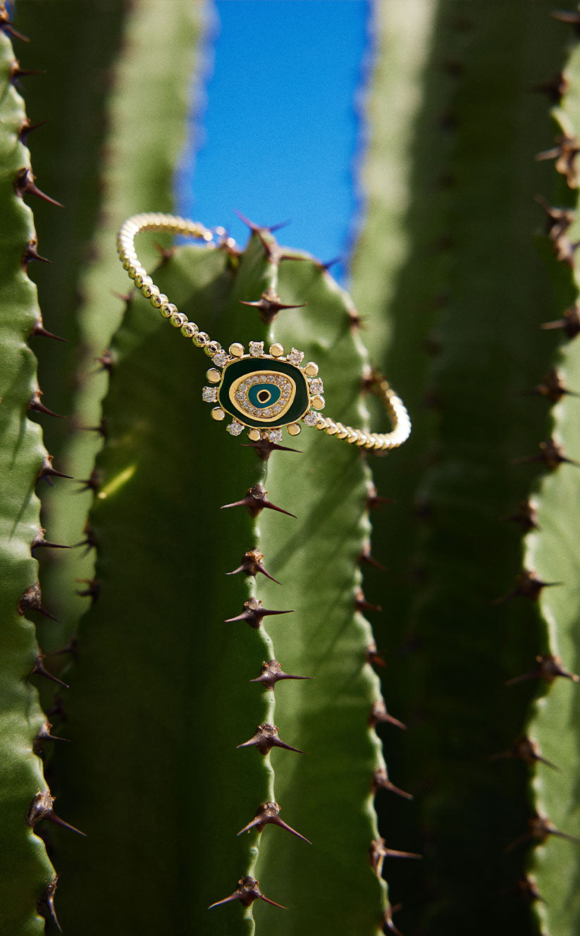 Evil Eye Bracelet in Gold, Diamonds & Green Enamel
