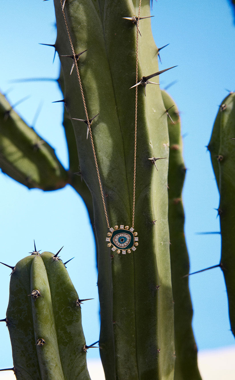 Evil Eye Necklace in Gold, Diamonds & Green Enamel