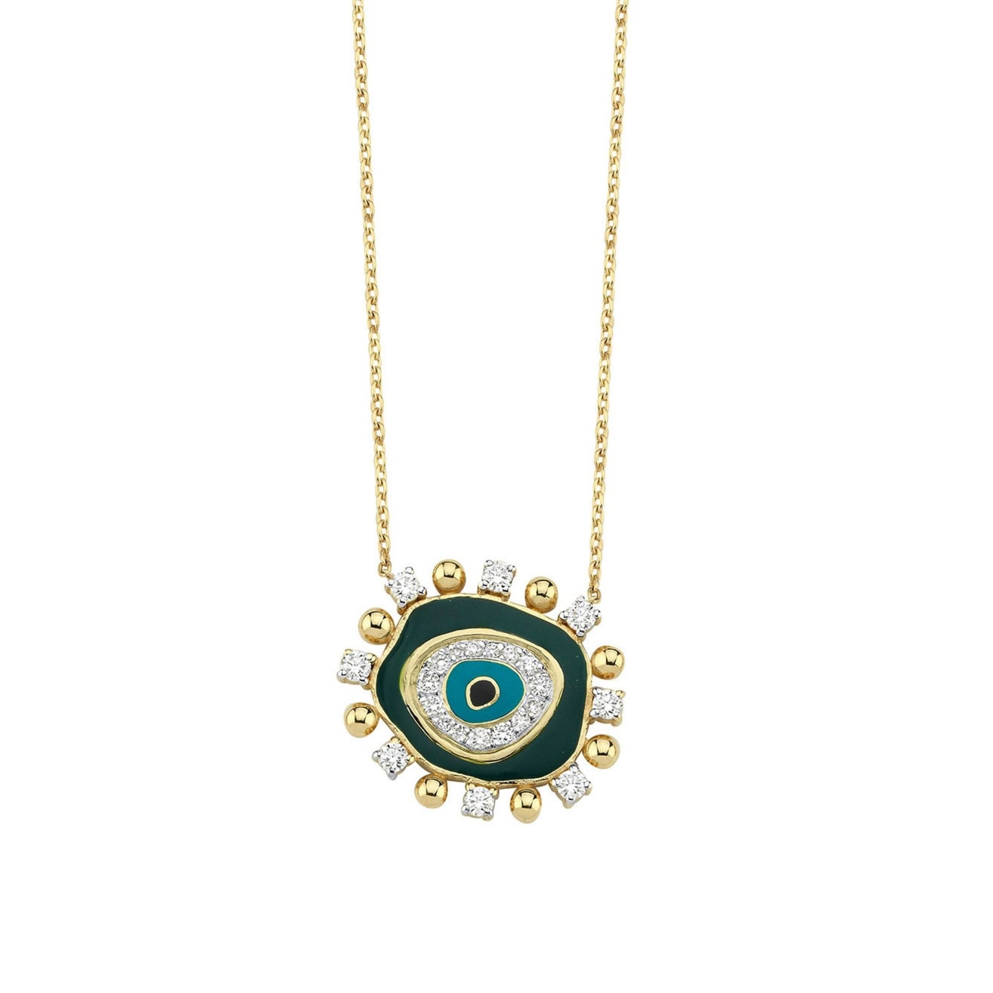 Evil Eye Necklace in Gold, Diamonds & Green Enamel
