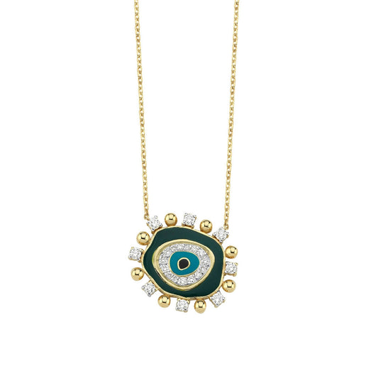 Evil Eye Necklace in Gold, Diamonds & Green Enamel