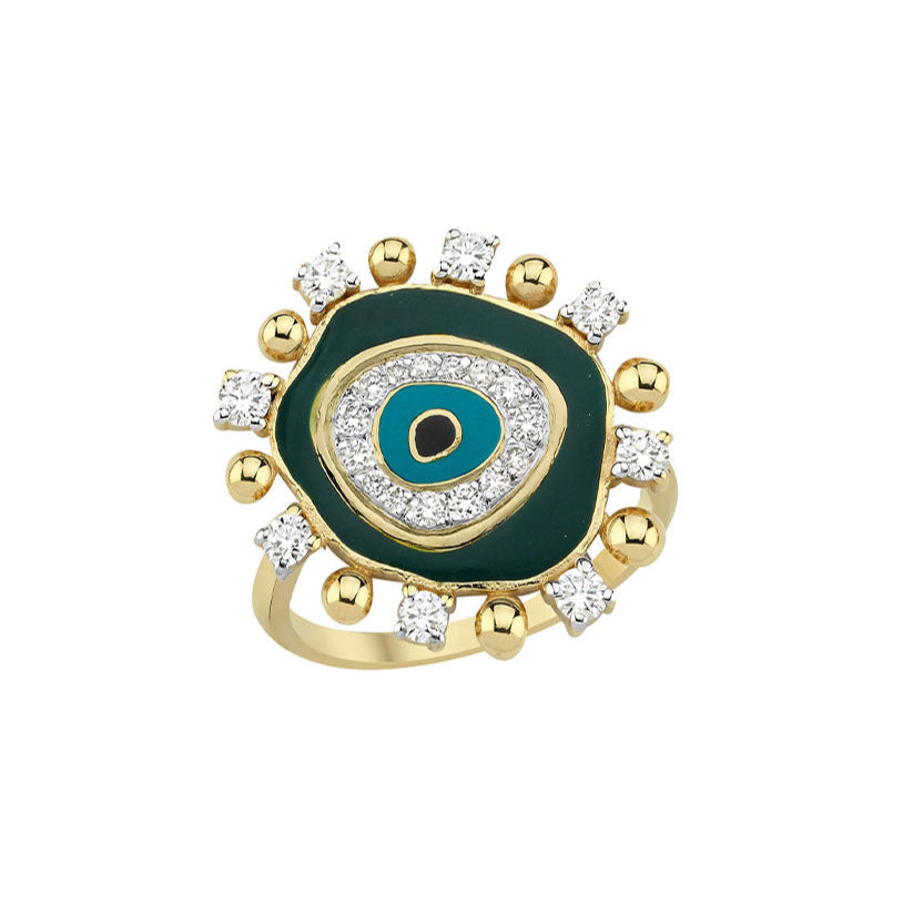 Evil Eye Ring in Gold, Diamonds & Green Enamel