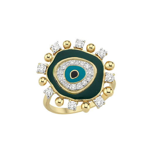 Evil Eye Ring in Gold, Diamonds & Green Enamel