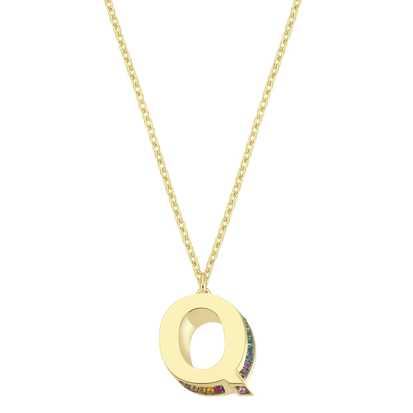 Mini 3D Q Letter Necklace With Rainbow Sapphires