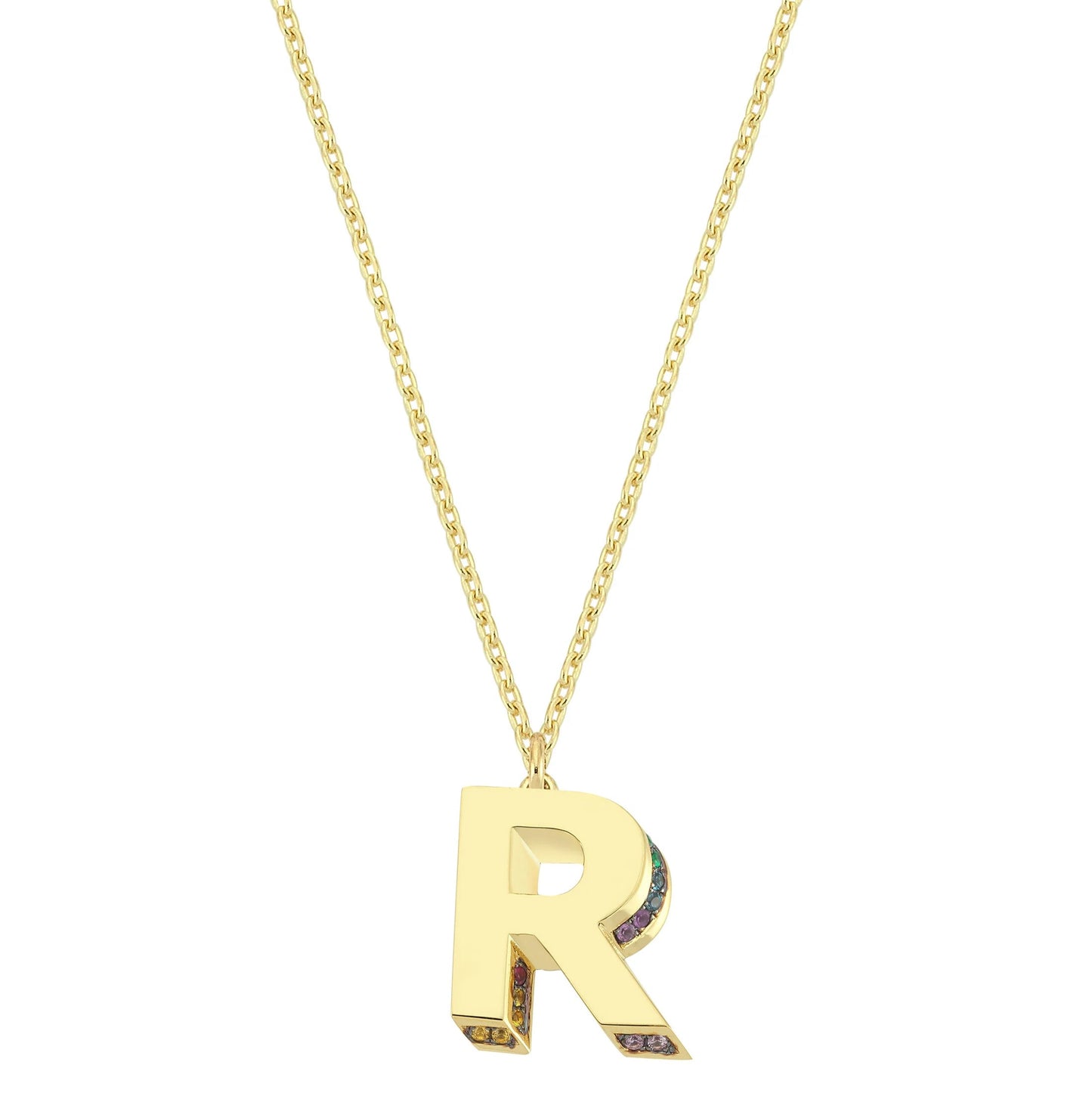 Mini 3D R Letter Necklace With Rainbow Sapphires