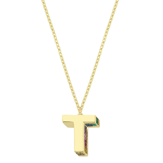 Mini 3D T Letter Necklace With Rainbow Sapphires