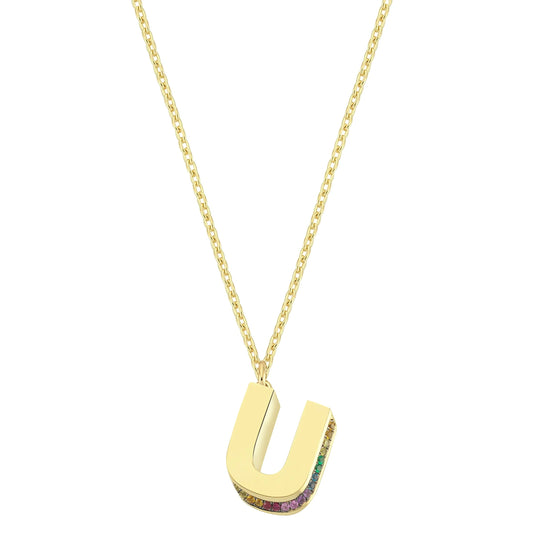 Mini 3D U Letter Necklace With Rainbow Sapphires