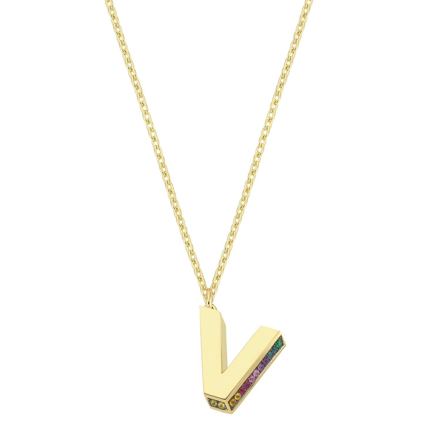 Mini 3D V Letter Necklace With Rainbow Sapphires