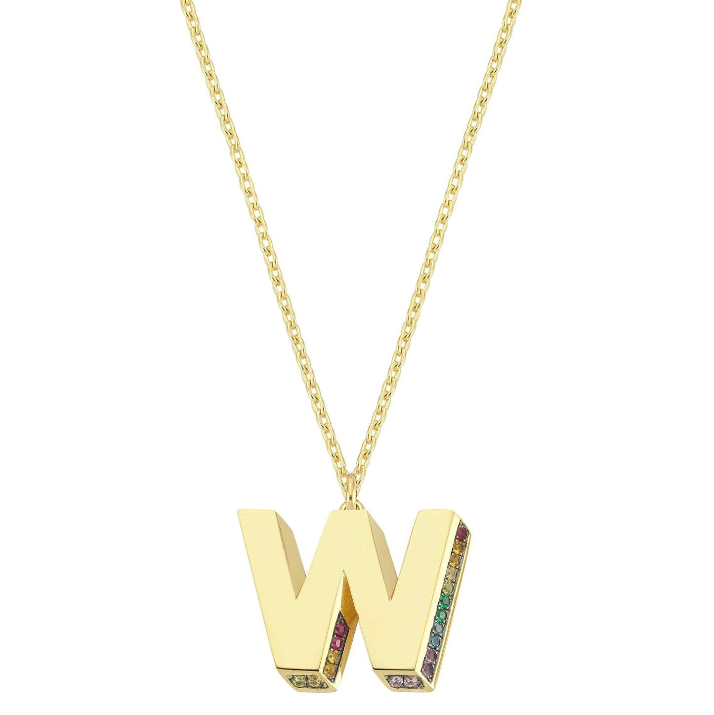 Mini 3D W Letter Necklace With Rainbow Sapphires