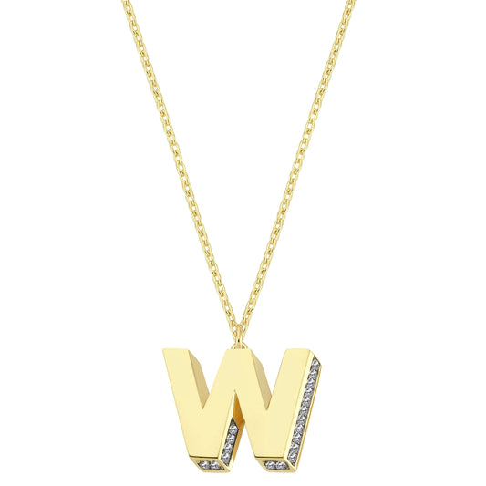 Mini 3D W Letter Necklace With Diamonds