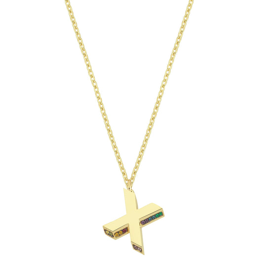 Mini 3D X Letter Necklace With Rainbow Sapphires