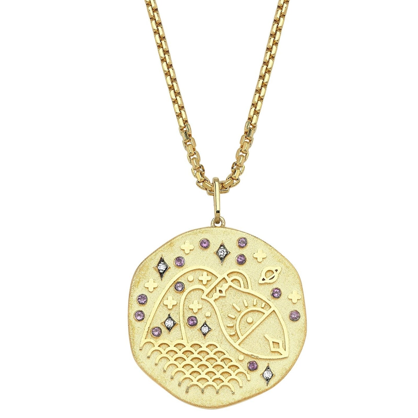 Aquarius Illustration Zodiac Necklace with Ruby Birthstone, Diamonds & Box Chain