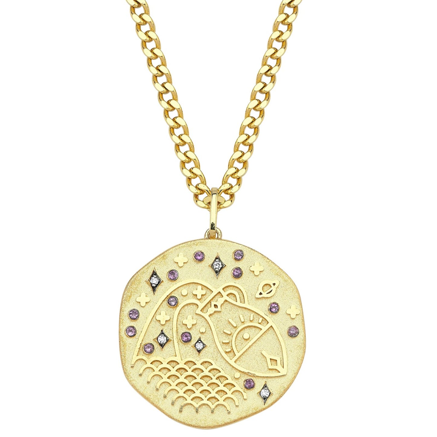 Aquarius Illustration Zodiac Necklace with Ruby Birthstone, Diamonds & Curb Chain