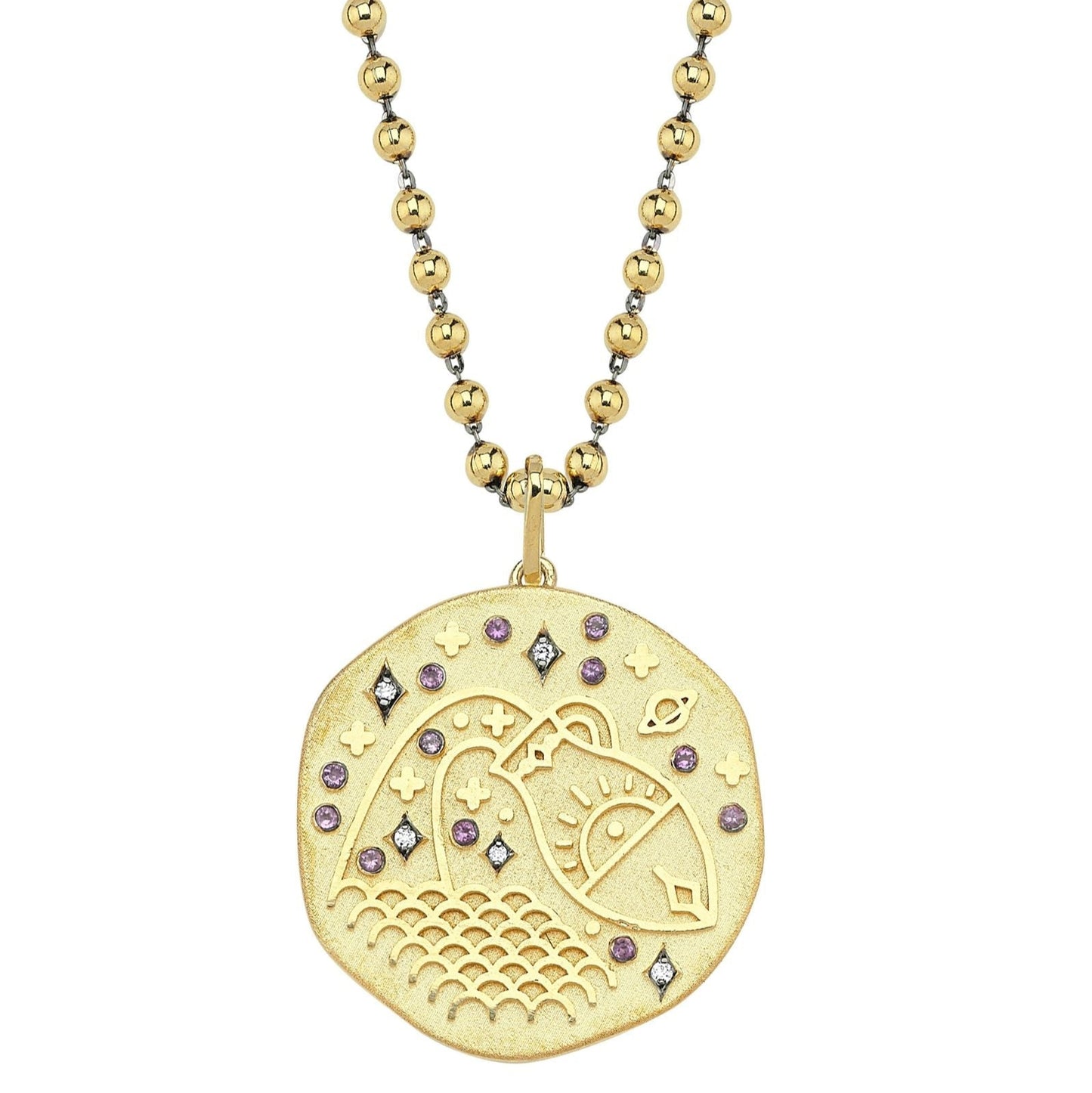 Aquarius Illustration Zodiac Necklace with Ruby Birthstone, Diamonds & Ball Chain