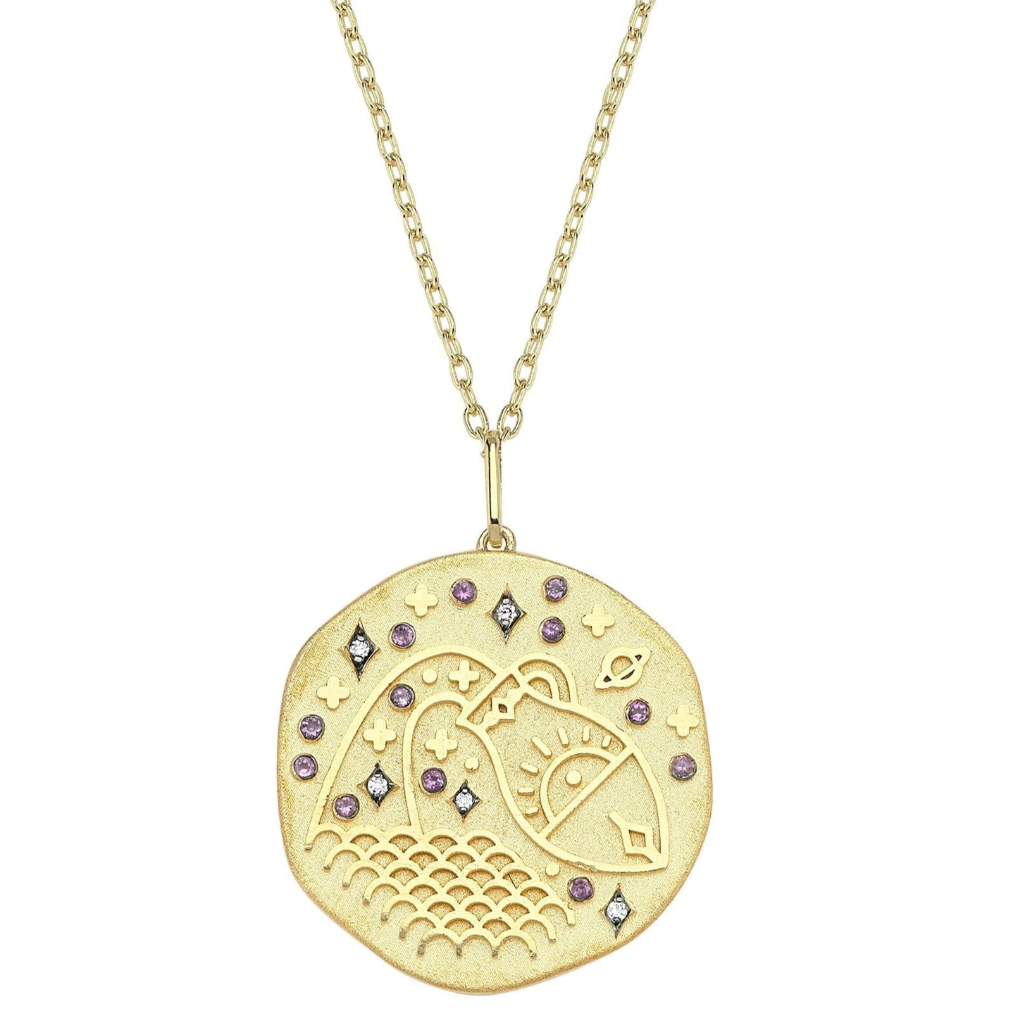 Aquarius Illustration Zodiac Necklace with Amethyst Birthstone, Diamonds & Standart Chain