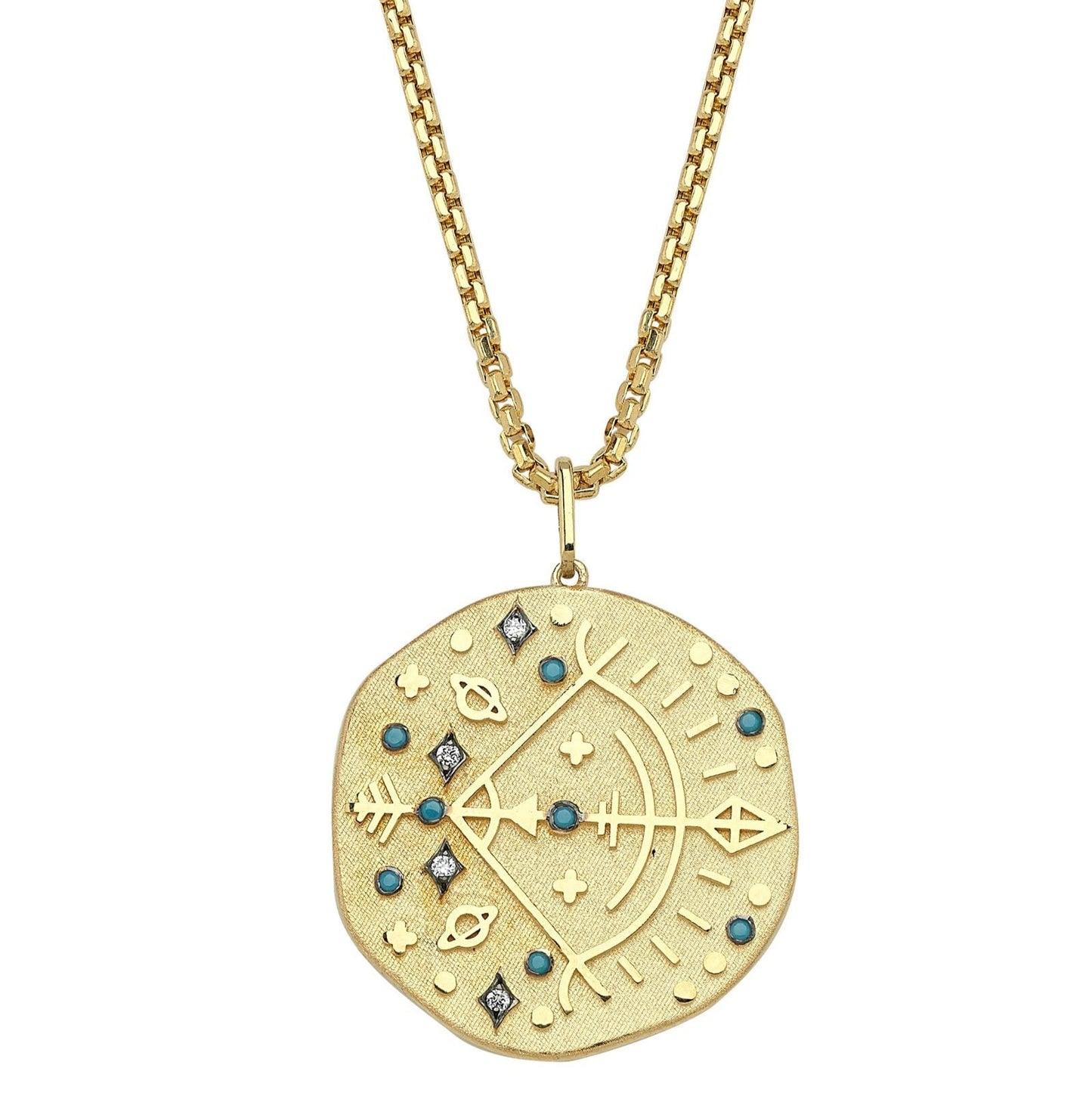 Sagittarius Illustration Zodiac Necklace with Turquoise Birthstone, Diamonds & Box Chain