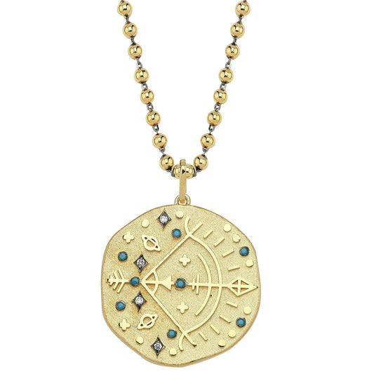 Sagittarius Illustration Zodiac Necklace with Turquoise Birthstone, Diamonds & Ball Chain