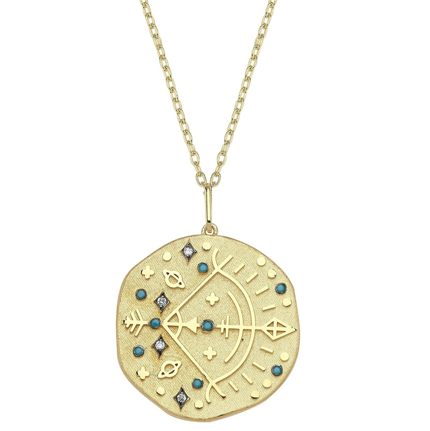 Sagittarius Illustration Zodiac Necklace with Turquoise Birthstone, Diamonds & Standart Chain