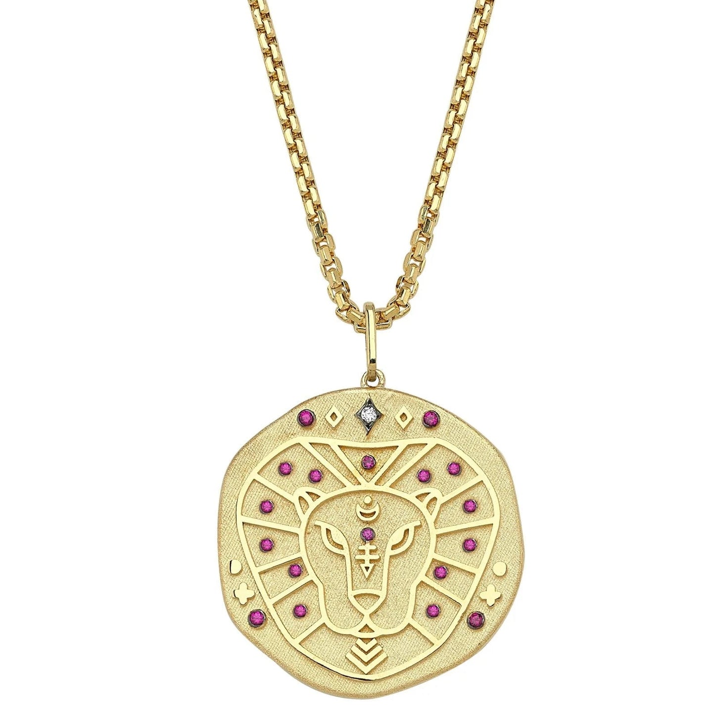 Leo Illustration Zodiac Necklace with Ruby Birthstone, Diamonds & Box Chain