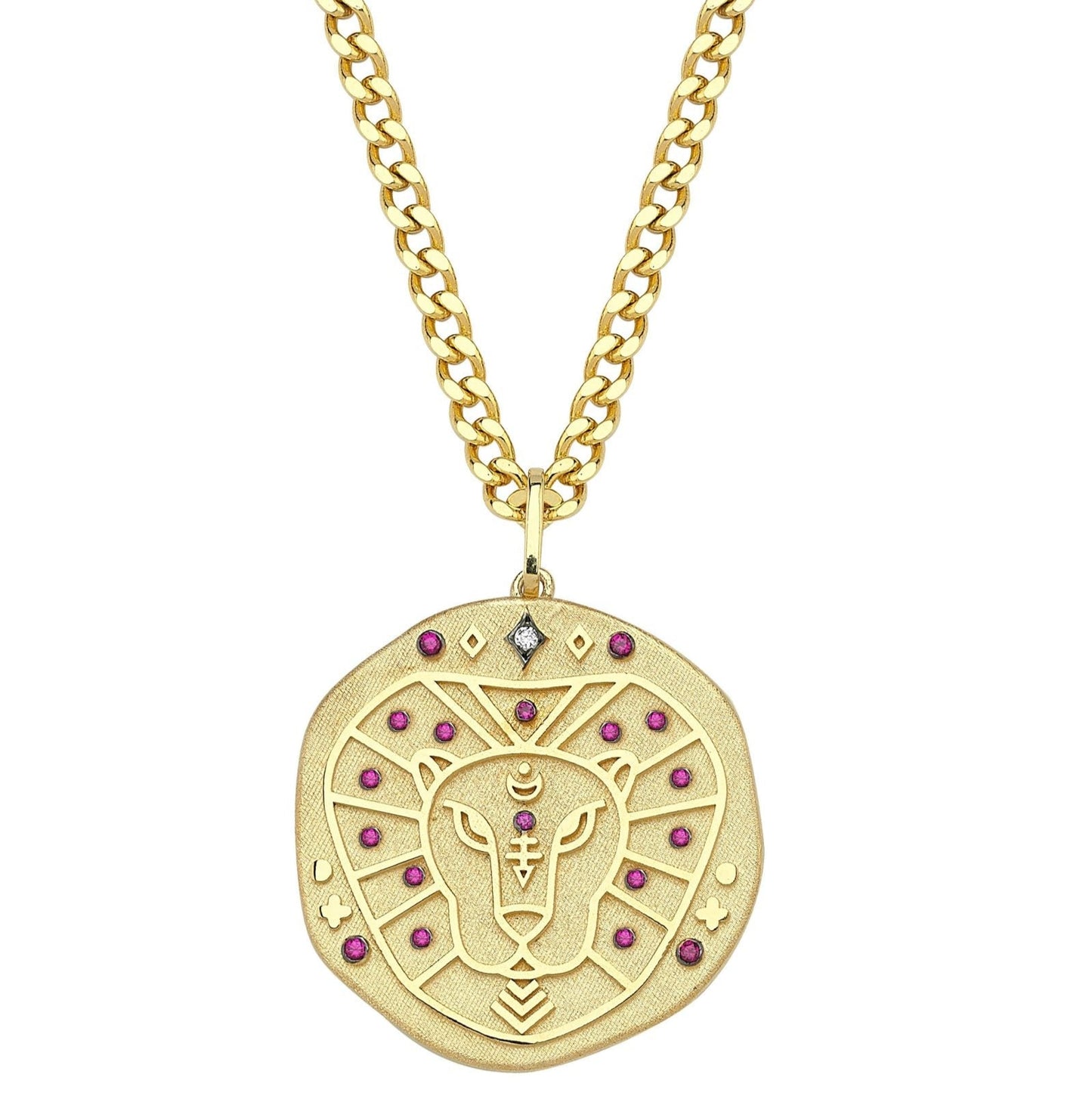 Leo Illustration Zodiac Necklace with Ruby Birthstone, Diamonds & Curb Chain