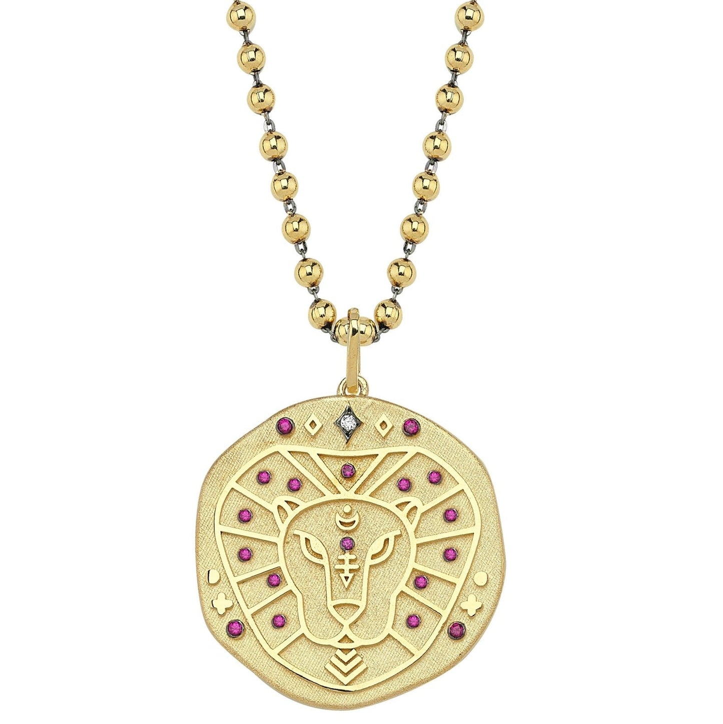Leo Illustration Zodiac Necklace with Ruby Birthstone, Diamonds & Ball Chain