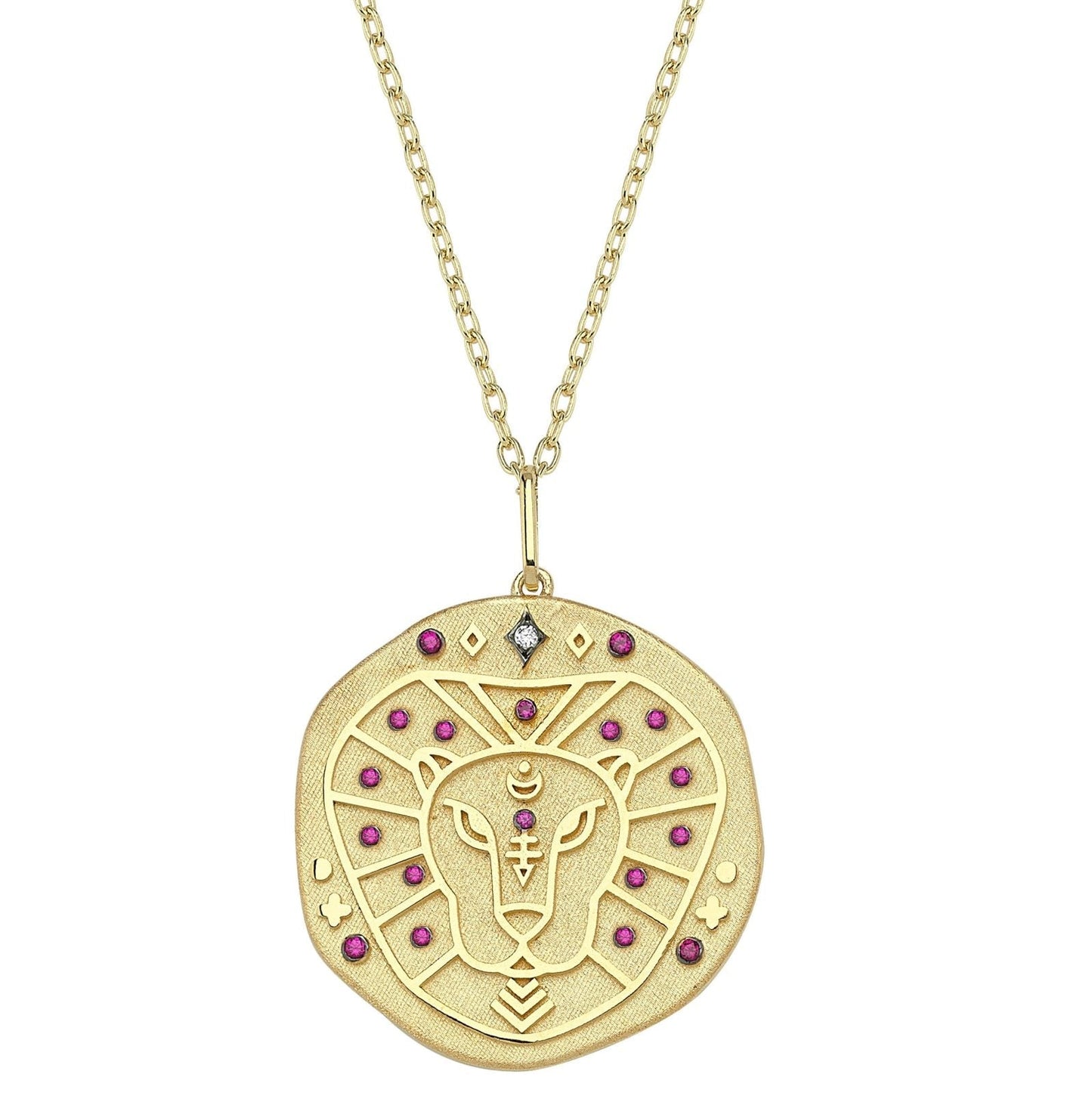 Leo Illustration Zodiac Necklace with Ruby Birthstone, Diamonds & Standart Chain