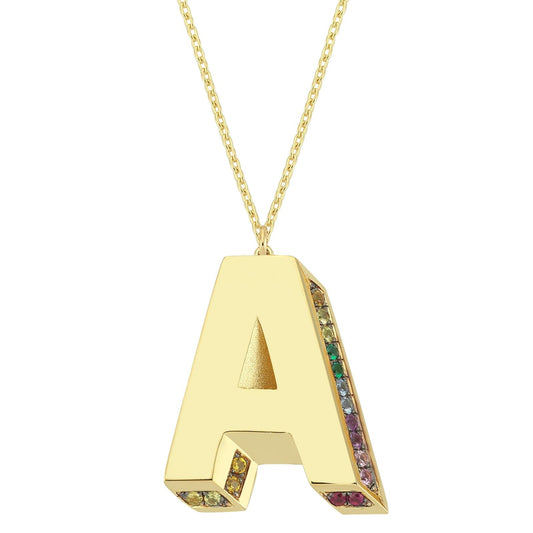 3D A Letter Necklace with Rainbow Sapphires