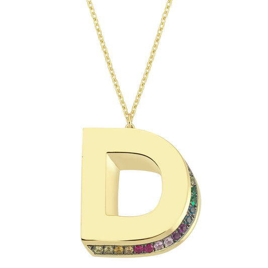 3D D Letter Necklace with Rainbow Sapphires
